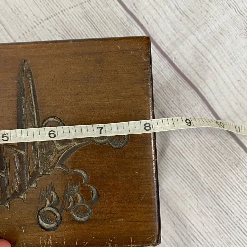 Vintage Wooden jewelry box with engraving and red velvet lining